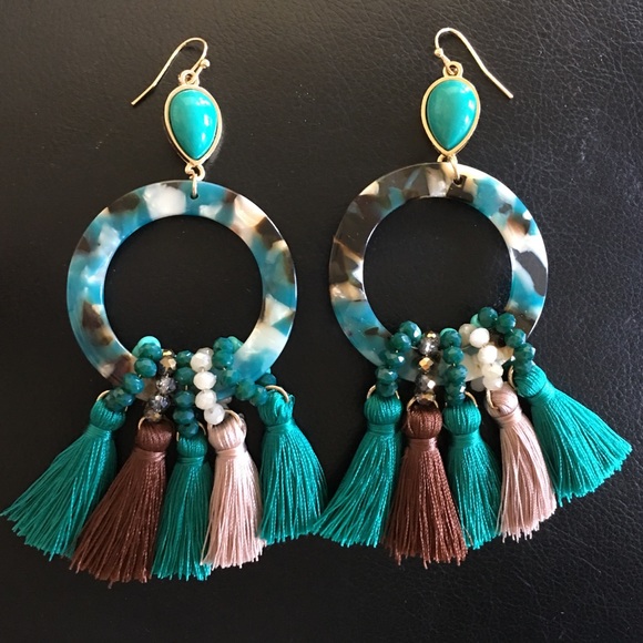 Jewelry - Turquoise acetate beaded fringe dangle earrings